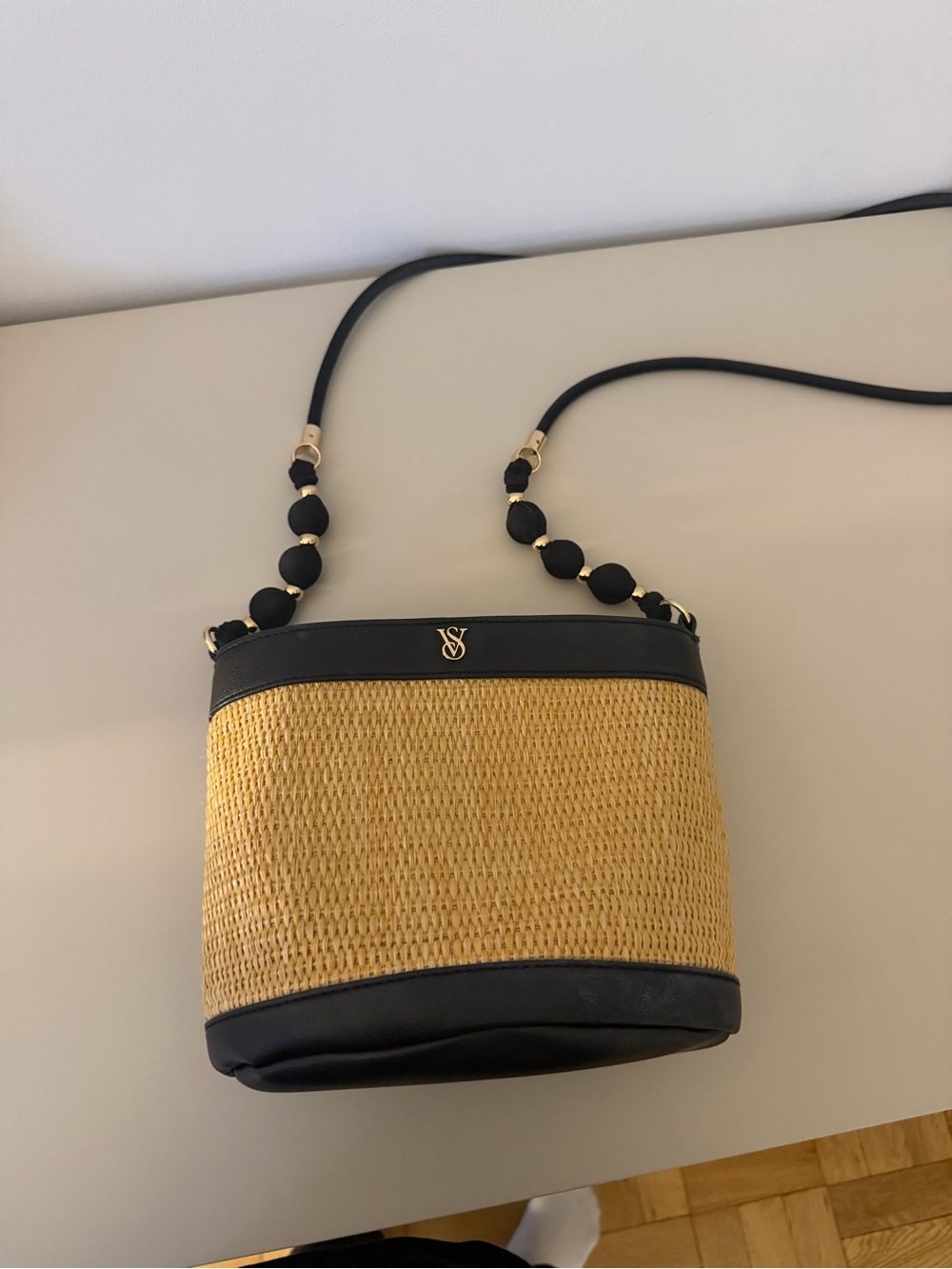 Victoria's Secret Yellow Straw & Black Leather Crossbody